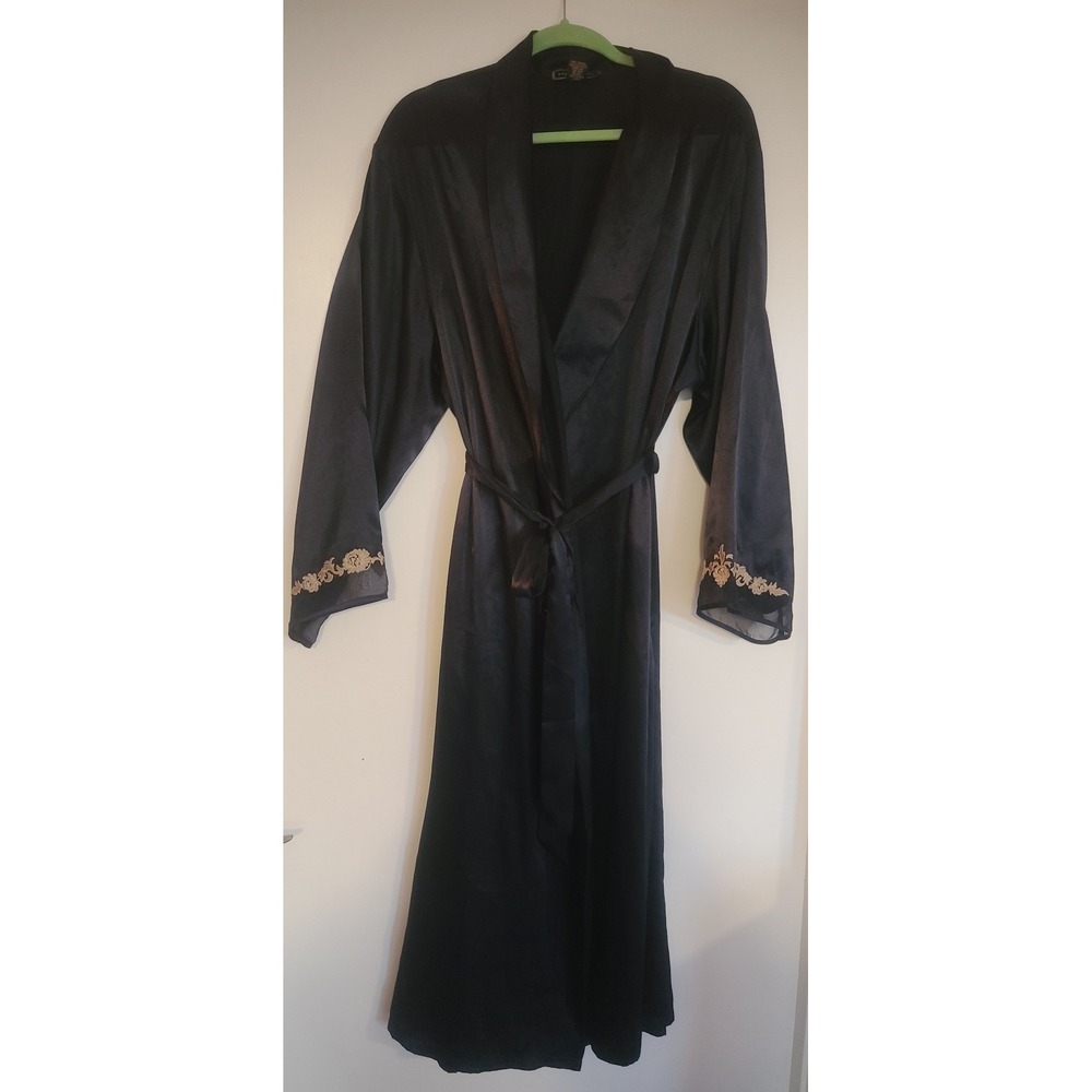80's Halston Rich Navy Blue Satin Robe Long Embroidered Cuffs Pockets 3X regency